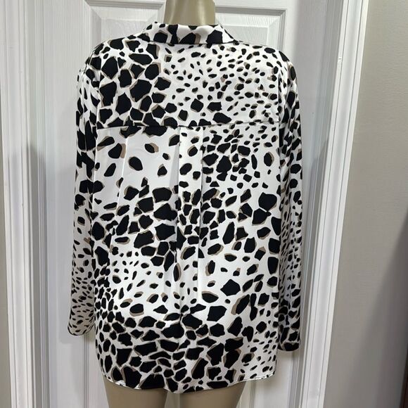 JOSEPH RIBKOFF ANIMAL PRINT SATIN TOP WITH COWL NECKLINE BLACK, TAN AND WHITE. - Picture 7 of 11